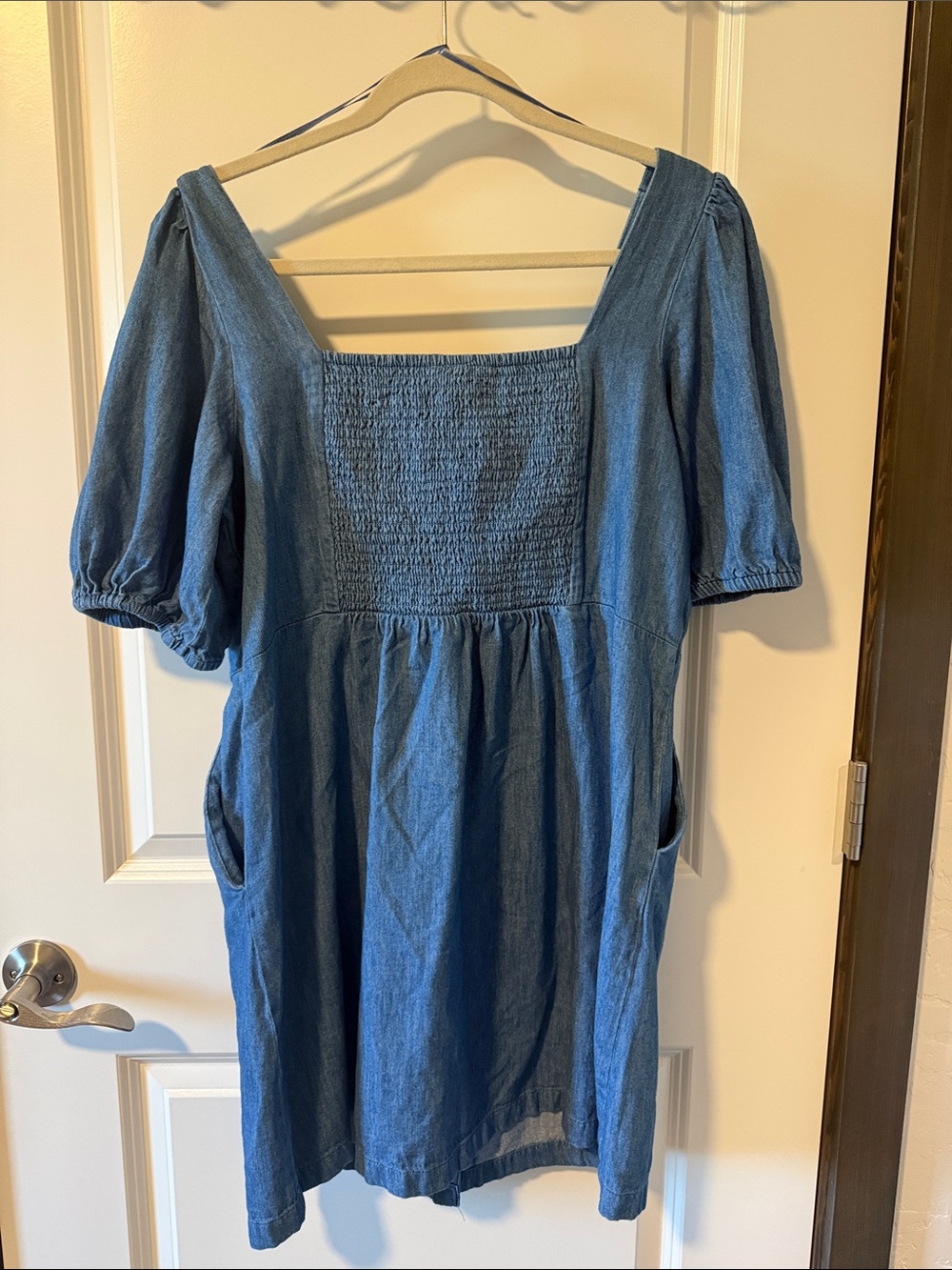 Denim Button-Front Puff Sleeve Mini Dress - Picture 2 of 2